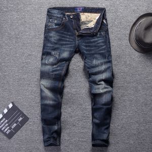 Męskie dżinsy włoski styl mody retro ciemnoniebieski Elastyczne bawełniane Slim Fit Redwear Streetwear Vintage Designer Denim Pants 2209923