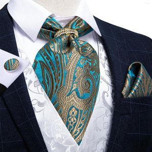 Bow Ties Men Vintage Teal Blue Gold Paisley Formal Ascot Tie Self British Style Gentleman Silk Cravat Necktie Set Hanky Ring DiBanGu