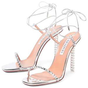 AQUAZZURA Diamond High Heel Sandals Leather Crystal Decoration 10.5CM Slimhigh Heels Designer Wedding Women's Leggings Lace Up Dress Shoes