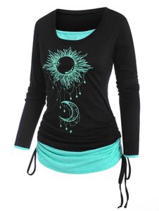 T-shirt da donna Casual Donna Cinched Sun Moon Stampa 2 in 1 T-shirt girocollo manica lunga Autunno Moda T-shirt Top femminile Streetwear T220926