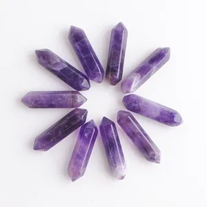 Atacado Pedros de pedras preciosas cura hexagonal apontado reiki chakra Amethysts Natural Stone 30x8mm sem orifício de perfuração Pingente de contas U3306