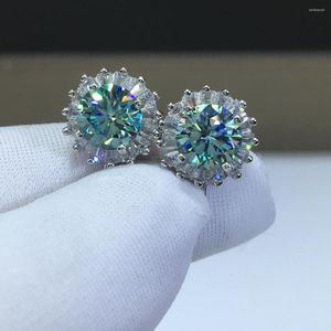 Stud Earrings Silver 925 Original Diamond Test Past Total 2 Carat Brilliant Cut Green&Blue Moissanite Snowflake Gemstone Jewelry