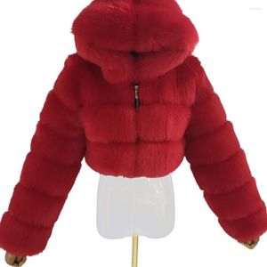 Women's Jackets Faux Fur Women Jacket 2022 Fleece Warm Solid Color Patchwork Long Sleeve Hooded Zipper Coat Sexy Short