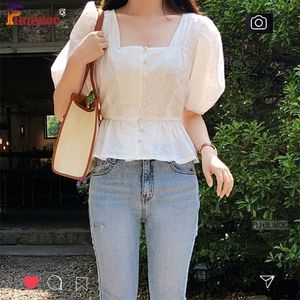 Koszulki damskie hafty hafty śliczne eleganckie topy kobiety Summer Korea Japan Style Projekt Szczupły talia Białe guziki Bluzka Flhjlwoc Vintage 220923