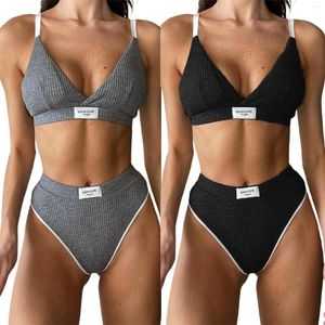 Costumi da bagno da donna Bikini da donna a due pezzi con cinturino per spaghetti Reggiseno con ricamo patchwork con scollo a V e mutande