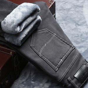 Men's Jeans Winter Men Warm Gray High Quality Elasticity Thicken Skinny Plus Velvet Denim Pants Trousers Male Brand Clothes 220923