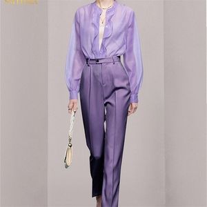 Women's Two Piece Pants HMA Fashion Single Breasted Ruffle Long Sleeves Tops 2Piece Sets High Waist Solid Color Straight Trousers Suit 220922