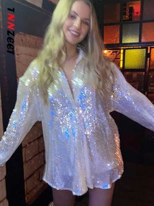 女性用TシャツTnnzeet Sparkly Sequins Sexy Women Party Shirt Topsチャーミングレディースルーズ長袖ナイトクラブ服2022 Y2KストリートポロスT220923