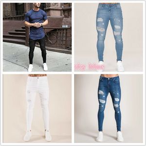 Herrar jeans streetwear hip hop mycket mager rippade stretch denim byxor smala passform svart vit mörkblå ljus 220923