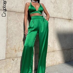 Women's Tracksuits Cryptographic Silky Satin Camis Crop Top and Pants 2 Piece Set for Women Matching Sets Outfits Sexy High Waist Pants Streetwear 220924