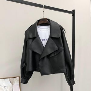 Women's Trench Coats FMFSSOM Spring Women Short Faux Leather Jacket Single Button Black Moto Biker Windproof Coat Warm Turn Down Collar Outwear 220924