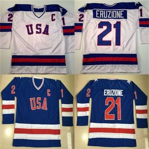 Gla MIT #21 Mike Eruzione Jersey 1980 Buz Hokeyi Jersey Mucize Erkek% 100 Dikişli Nakış Takımı ABD Hokey Formaları Mavi Beyaz