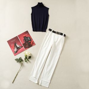 2022 Autumn Blue Solid Color Two Piece Pants Set Sleeveless Turtle Neck Sticked Top White Belt Paneled Long Pants Suits Set 22S23PT