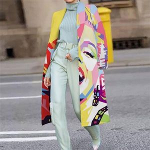 Women's Wool Blends Vintage Abstract Print Turn-Collar Overcoat Autumn Winter Warm Women Long Woolen Coats Fashion Office Ladies Casual Cardigan 220924