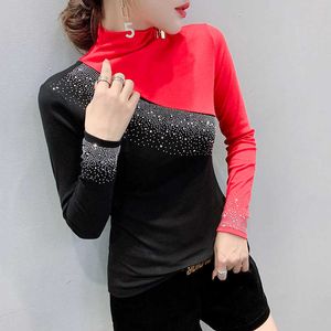 Damen-T-Shirt #5621, grün, rot, gespleißt, Farbe, Rollkragen-T-Shirt, Damen-Diamanten, Stretch, Damen-T-Shirts, koreanischer Stil, Rollkragen-T-Shirt, eng, T220926