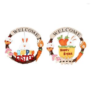 Decorative Flowers P82E Easter Wreaths For Front Door Decor 11'' Eggs Carrot Rattan Garland Wall Window Wedding Holiday Craft