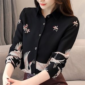 Kadınlar bluz gömlekler giysi giyim bahar sonbahar kadın gevşek retro vinç baskılı şifon bluz kadınsı uzun kollu batıdaki üstler baskılı gömlek 220923