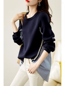 Women's Hoodies 2022 Autumn Mode Temperament Leeftijd Reducerend Blouse Back Single-Breasted Air Cotton Striped Stitching Shirt Sweater DK1451