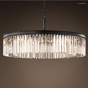 Pendant Lamps American Vintage Black Metal Gray / Amber Clear Crystal Round Light Lustre K9 Tubular El Hanging