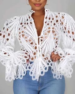 Women's T-Shirt Women White Lace V Neck Hollow Out T-Shirts Long Sleeve Blouse Eyelet Embroidery Button Front Bell Sleeve Tops T220923