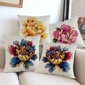 Kissen Chinesischen Stil Gelb Rot Blau Pfingstrose Blume Goldene Rand Muster Leinen Fall Hause Sofa Stuhl Auto Dekoration Abdeckung