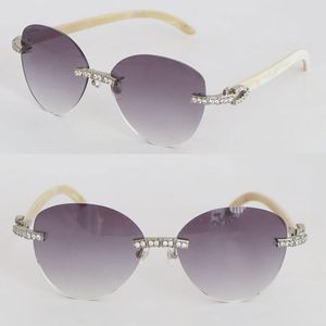 Stor rund lyxdiamantuppsättning Rimless Solglasögon Womans Designer White äkta Natural Horn Men Famous 3524012 Decor C Sun Glasses Mane and Female 18k Gold Size 60