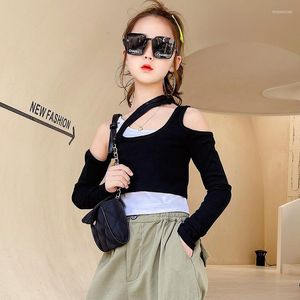 Shirts Hip Hop Girls Clothes Cotton T-shirt Long Sleeve Skinny Short Slim Coats Fake Two Tops Patchwork U-neck Tees Children Sweatshirt