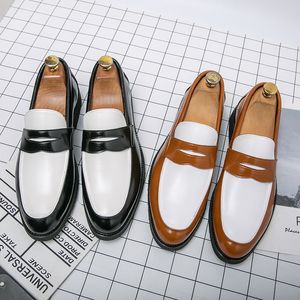 Herrskor loafers läder svartvit färgblock rund tå platt häl mode klassisk kontor professionell bekväm slip på casual