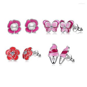 Ohrstecker Damenohrring Rot Lila Emaille Schmetterling Rose Blume Eiscreme 925 Silber Modeschmuck Geschenk Frauen Mädchen