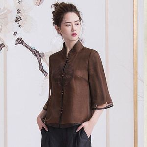 Abbigliamento etnico Cheongsam Colletto da donna Hanfu Top 2022 Spring Blend Organza Ricamo Stile cinese Tang Costume Qipao Camicie W