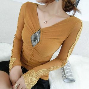 Women's T-Shirt T-shirt woman 2022 Spring Fashion Slim Diamond mesh shirt Long Sleeve t shirt Women tops Korean clothes v neck mesh top shirts T220926