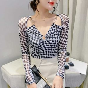 Women's T-Shirt #5642 Mesh T Shirt Women Hollow Out Sexy Club Slim Casual Basic T Shirt Female Slim Plaid Women's T-shirt V-neck Korean Style T220926