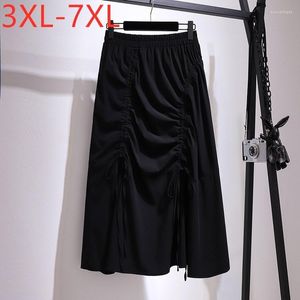 Skirts 2022 Ladies Summer Plus Size Midi Skirt For Women Large Loose A-line Black Cotton Ruffle Pleated 3XL 4XL 5XL 6XL 7XL