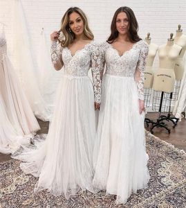 Long Sleeves Wedding Dresses Bridal Gown Beach Country Lace Applique Scalloped V Neck Tulle A Line Custom Made Plus Size Vestido De Novia estido