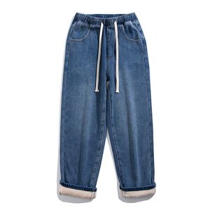 Herr jeans vinter män varm baggy streetwear koreansk mode denim breda ben byxor fleece tjocka casual byxor man varumärke blå 220923