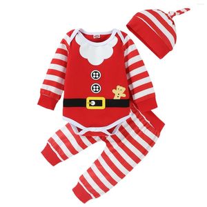 Kl￤derupps￤ttningar 2022 Baby Girls Boys Christmas Three-Piece Clothes Set Stripe Printed M￶nster L￥ng￤rmad Romper Pants and Cap Green/ Red