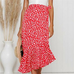 Röcke 2022 Frauen Floral Lropard Print Chiffon Elastische Taille Plissee Maxi Strand Boho Stil Vintage Sommer Split Lange XL