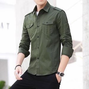Erkek günlük gömlek erkek gömleği 2022 pamuk Safari tarzı moda katı rahat uzun kollu apolet erkek askeri