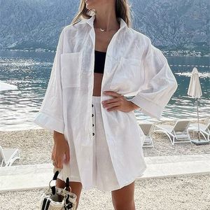 女性用ブラウスシャツootnカジュアルシンコットンリネン女性スーツ特大の白いラペルシャツ2ピースセット夏休み弾性ウエストショーツ衣装220923