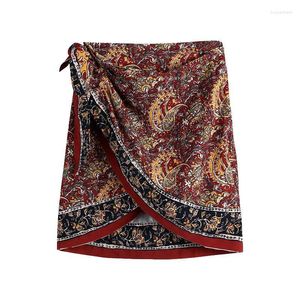 Skirts 2022 Chic Fashion Paisley Print Wrap-style Mini Women Skirt Vintage High Waist Side Bow Tied Female Mujer