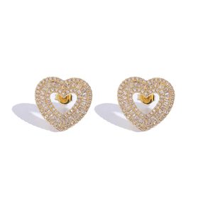 Hip Hop Hollowed Heart Earring Iced Out Studs Earrings For Women Gold Silver Color Male Ear Jewelry