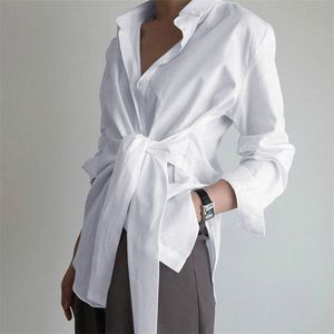 Damenblusen Hemden Mode Bogen Frauen Langarmbluse Weiß Lässige Schnürhemden Eleganter Reverskragen OL Asymmetrische Tops Frühling Blusas Femininas 220923