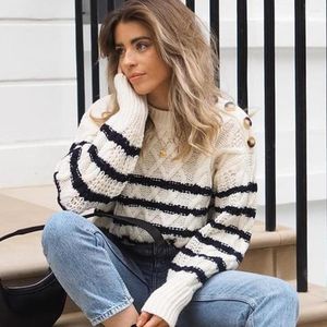 Women's Sweaters Striped Knitting Jumper Women Long Sleeve Round Neck Shoulder Buttons Pullover Tops Vintage Female Winter Elegant Casual