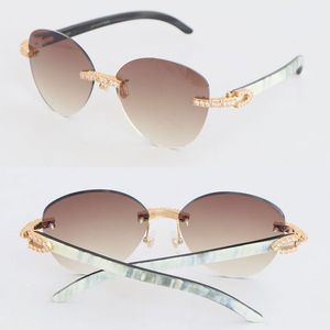 Large Round Luxury Diamond Set Rimless Sunglasses Womans Designer White Inside Black Buffalo Horn Men Famous 3524012 Sun Glasses Male and Female 18K Gold Size 60