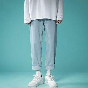 Men's Jeans Men Solid Color Nine Points Ankle Length Fashion Straight Loose Denim Pants Mans Streetwear Korean Hip Hop Trousers 220923