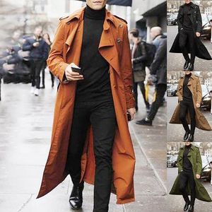 Erkek trençkotlar erkekler palto vintage çift göğüslü ceket ceketler erkekler iş siyah uzun katı rüzgarlık ceket dış giyim