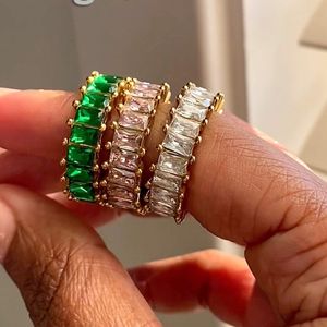 Hip Hop Colorful Baguette Tennis Cubic Zircon Ring White Pink Green Yellow Blue CZ Stone Unisex Finger Jewelry with Gift Box Valentine Birthday Gifts for Ladies Women