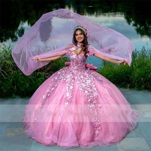 Abiti Quinceanera per abiti da ballo rosa principessa con cape boro al largo di Appliques Shouder perle dolci da 16 vestito Vestitidos de 15 Anos