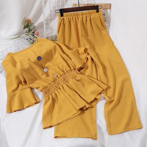 Women's Two Piece Pants Women's T Shirt Summer V-neck Fashion Swing Top High Waist Slim Wide Leg Classic Suits Set Women Sexy Outfit