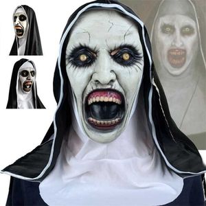 Maski imprezowe Horror Scary Nun Latex Mask Wheadscarf Valak Cosplay for Halloween Costume Face Masques with Headpiece 220926